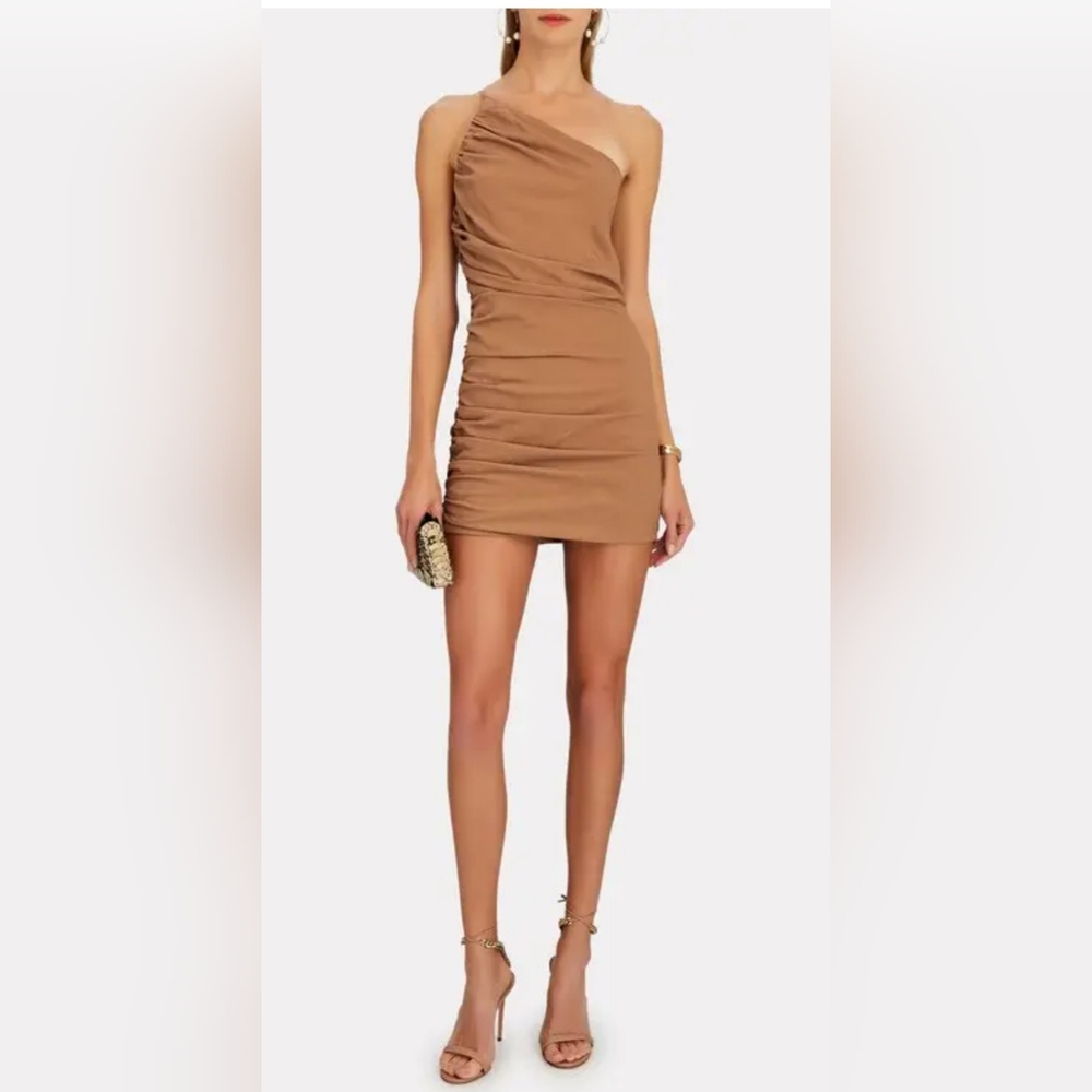 The Sei Ruched One-Shoulder Mini Dress in a beig  color. 